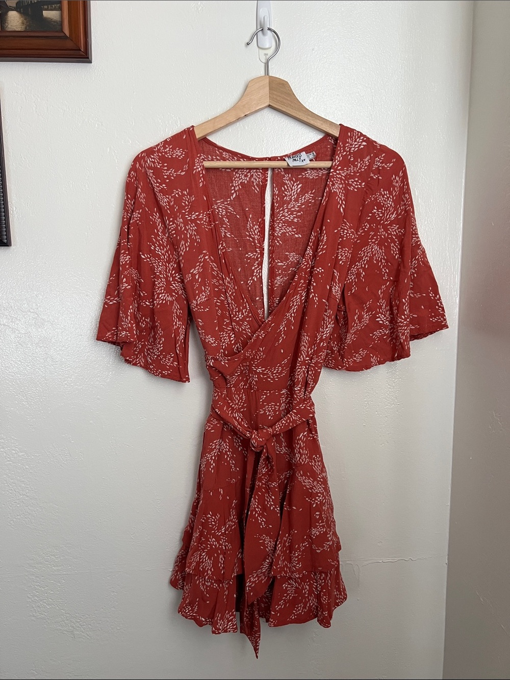 Princess Polly Romper Rust Pink Floral Faux Wrap with Tie Waist